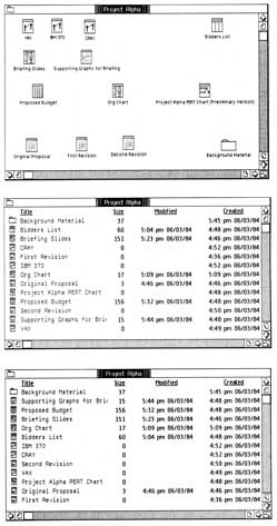 Figure 12-12: A comparison between the various folder and disk window formats, showing the differences among the three possible views of the same folder. &ldquo;A&rdquo; represents the pictorial view, &ldquo;B&rdquo; the alphabetical view, and &ldquo;C&rdquo; the reverse chronological view.