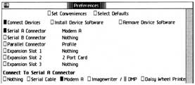 Figure 12-3: The Connect Device... Dialog Box. This provides you with the means to install new hardware on Lisa. To install a modem from one of two serial ports, for example, you would check the box corresponding to the serial port you will use and check the &ldquo;Modem A&rdquo; option.