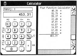 Figure 12-6: The four-function calculator with the &ldquo;tape&rdquo; showing. Note the entries on the tape and the lines for totals.