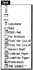 Figure 12-7: A sample Desktop Manager Desk menu. Because the Desk menu varies from Lisa to Lisa, yours won&rsquo;t necessarily look like this.