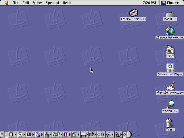 shows Mac OS 9 with “Quantum Foam” desktop theme, strangely reminiscent of 