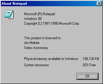 About application in Windows 98 SE
