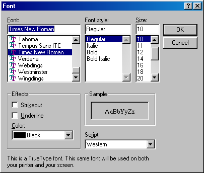 Font selection in Windows 98 SE