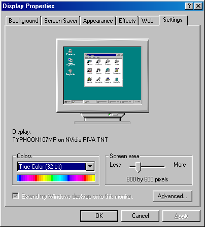Display in Windows 98 SE