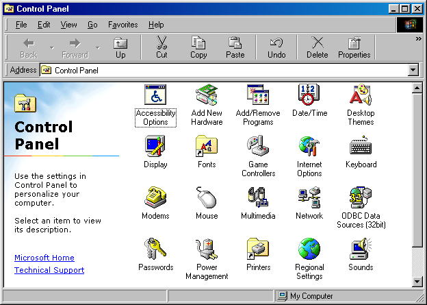 Settings menu in Windows 98 SE (Control Panel)