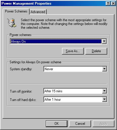Power management in Windows 98 SE (Power Management Properties)