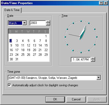 Time and date in Windows 98 SE (Date/Time Properties)